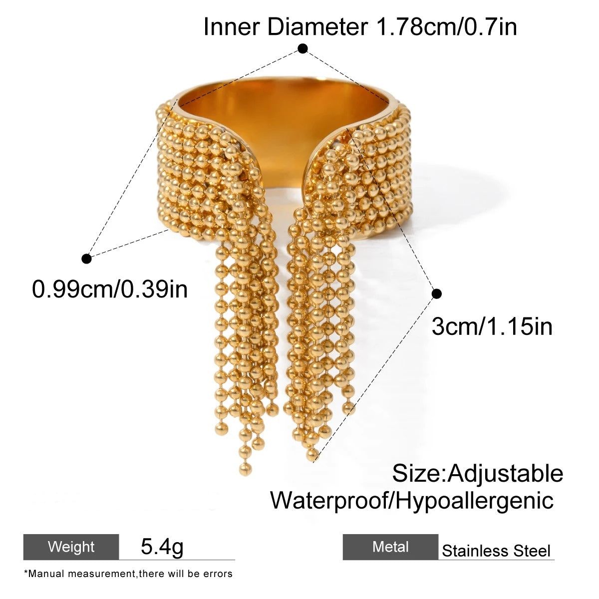 18K Gold Tassel Statement Adjustable Ring